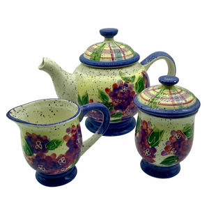 1998 Julie Ueland 3 Piece set Teapot, sugar & creamer Hydrangea style by Enesco